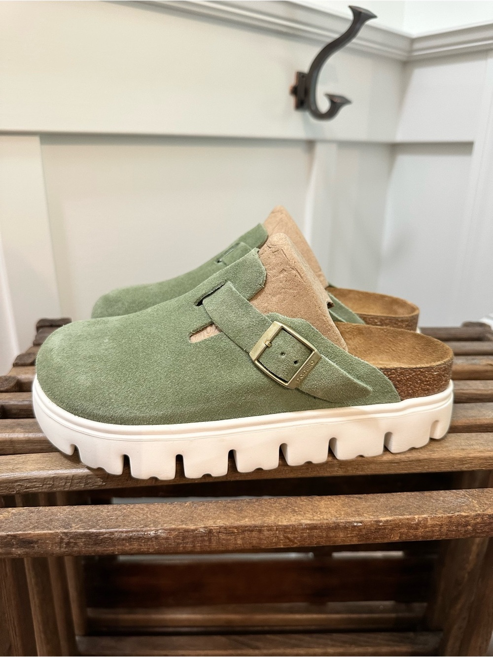 Birkenstock Green Suede Clogs with White Platform Sole